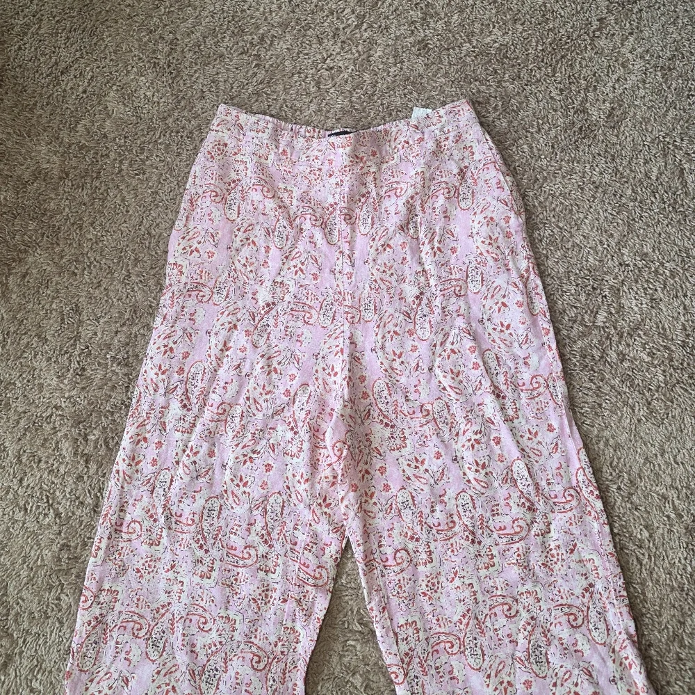 ZARA Linen Blend Paisley Floral Printed Pull On Wide Leg Trousers Size L